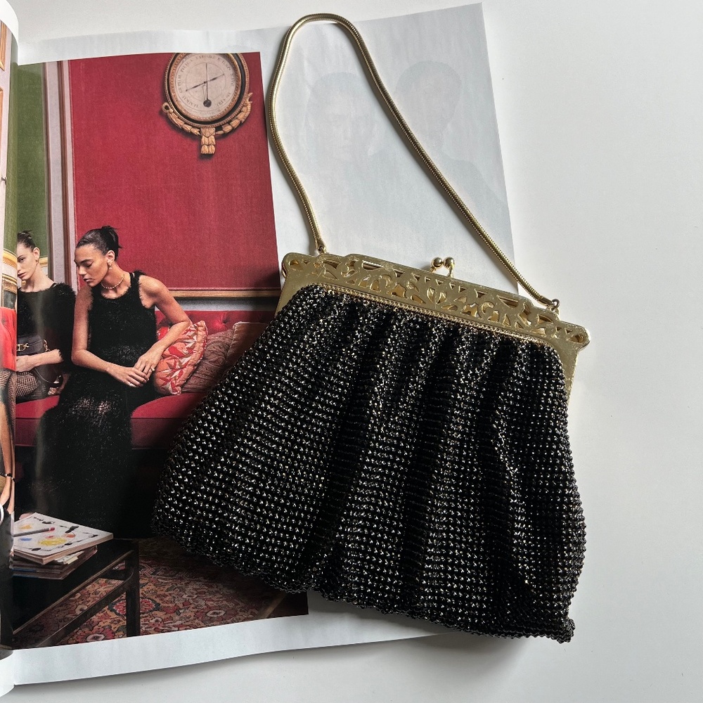 Whiting & Davis Co. Bag Black Bead and Gold Metal Mesh Vintage Evening Bag